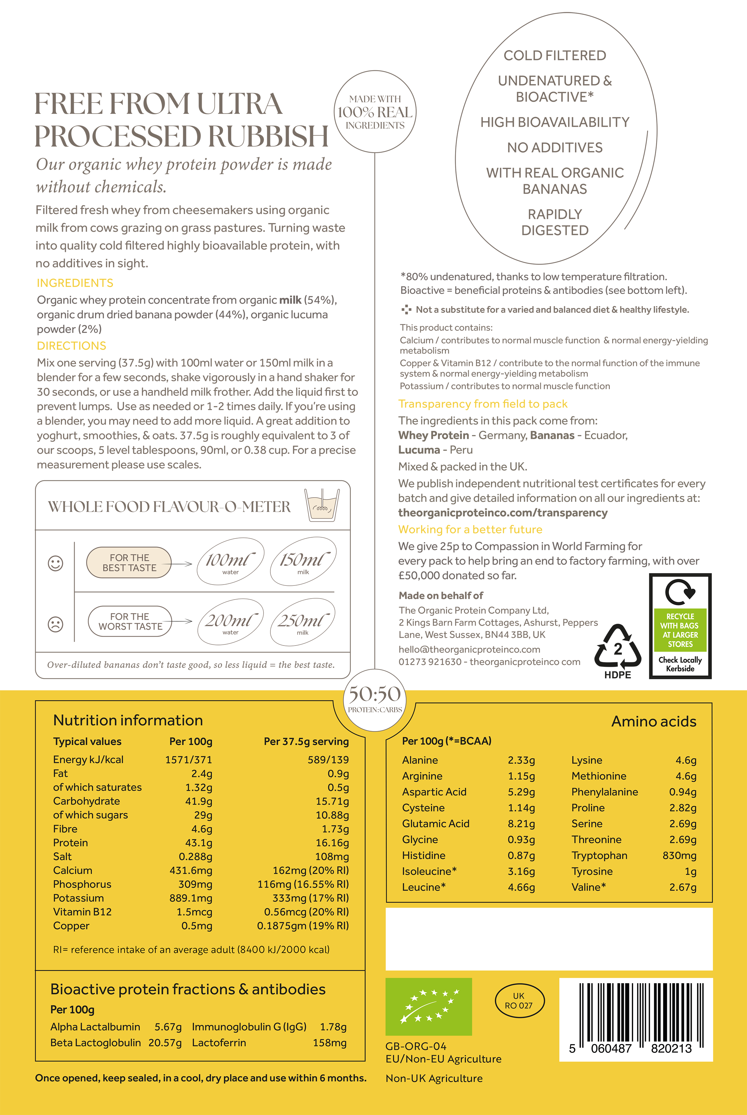 Banana & Lucuma Organic Whey Protein: 600g