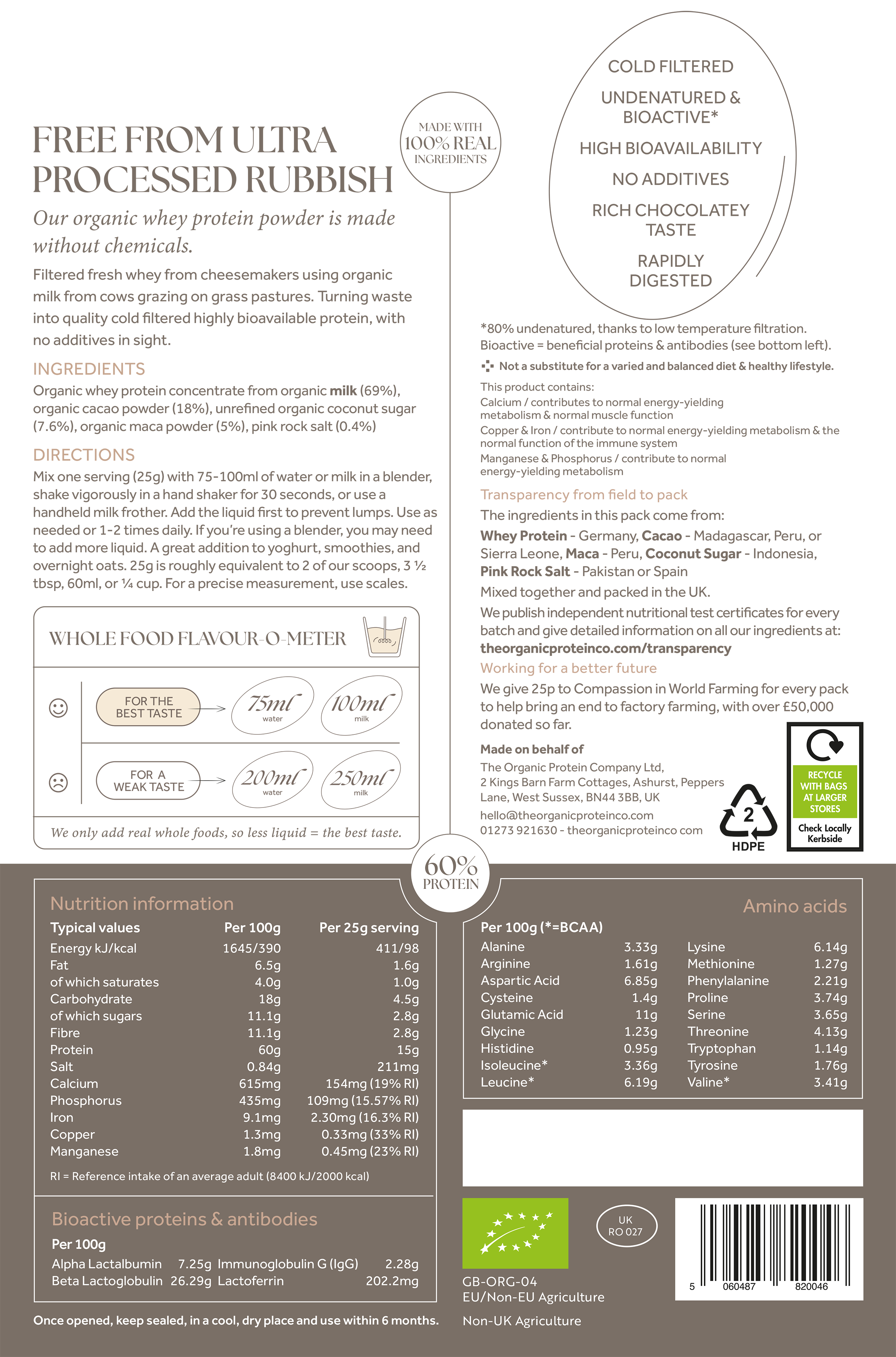 Chocolate Organic Whey Protein (Cacao & Maca): 400g