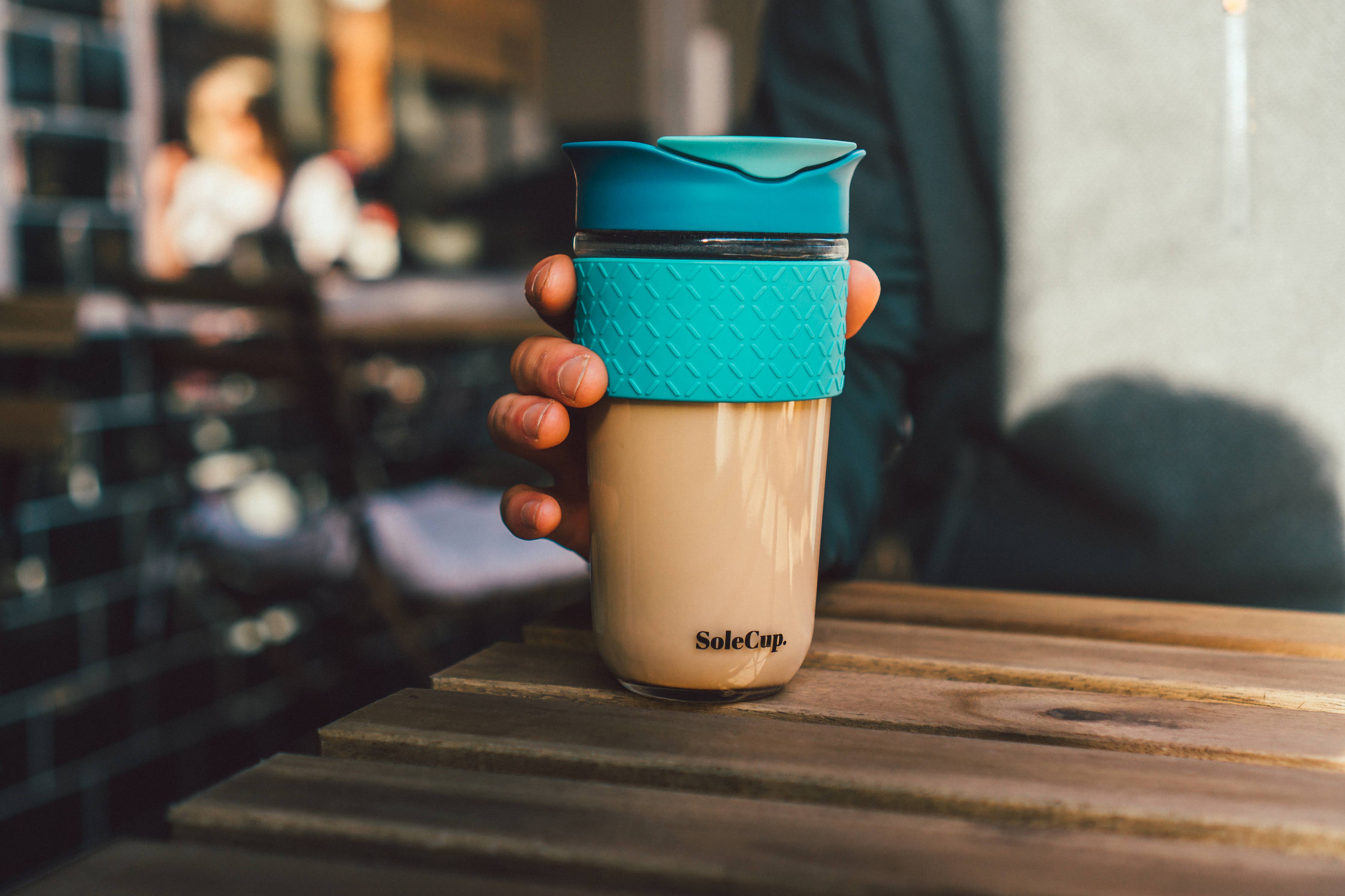 Large Glass Travel Mug – 18oz (530ml) – Silicone: Grey and Blue