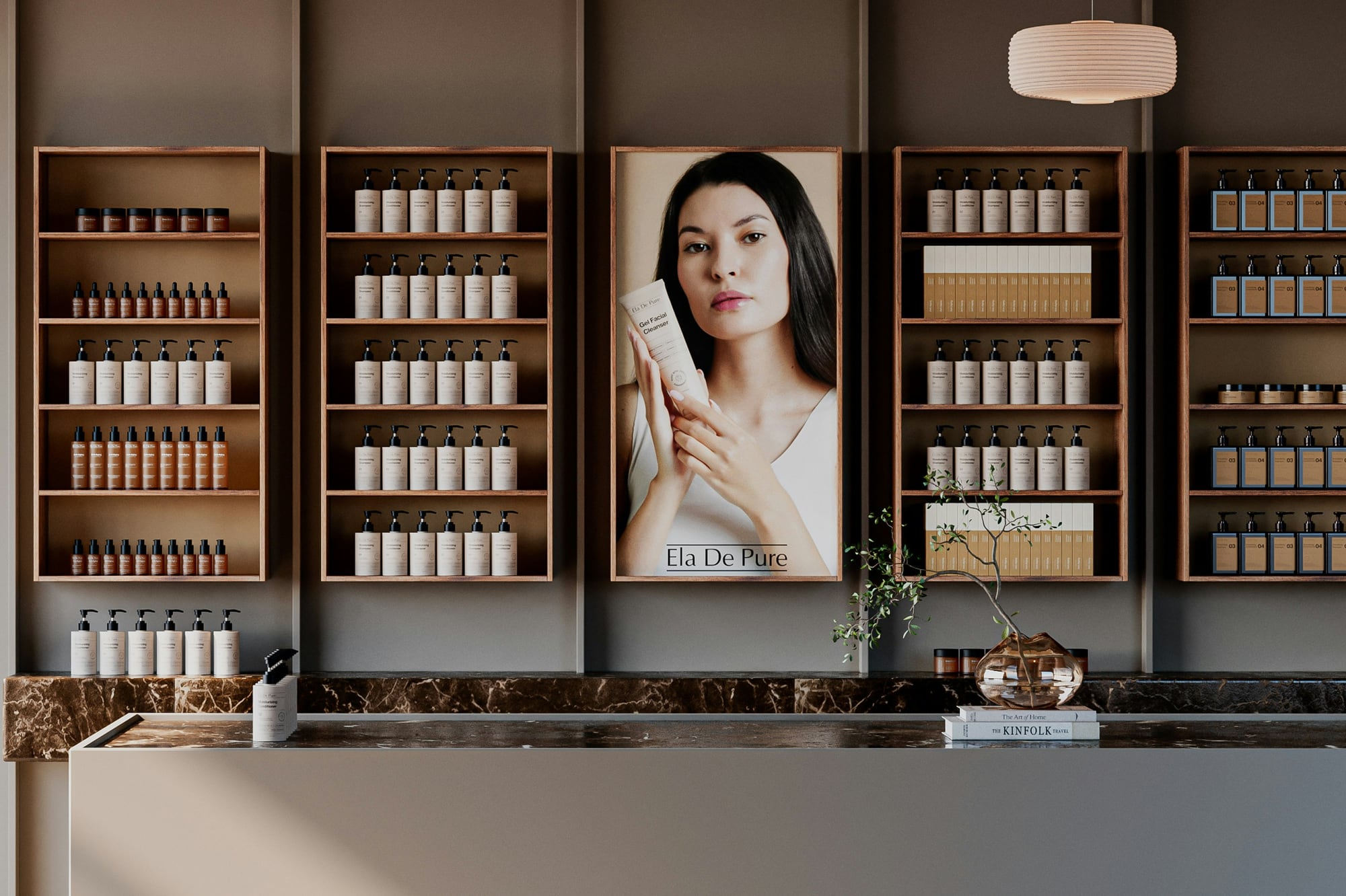 A skincare boutique's wall of shelves lined with bottles and jars, a portrait between them